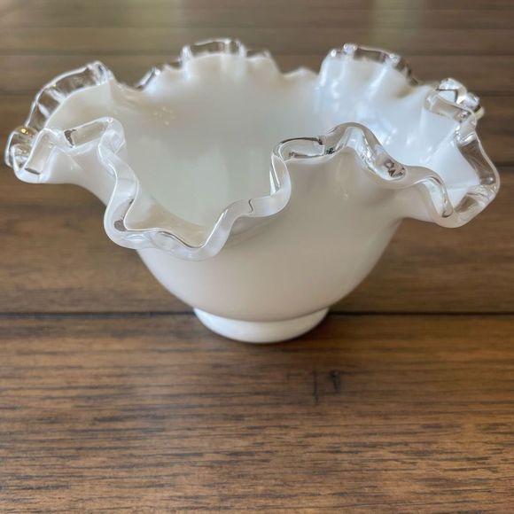 Fenton Other - Fenton Milk Glass Candy Dish Bowl with Silver Crest Ruffled Crimped Opening 1940